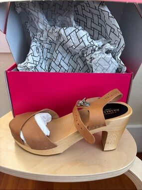 Swedish Hasbeens Tan Leather Cross-Front Wooden Clogs